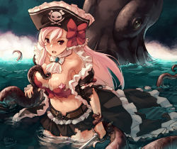 Rule 34 | 1girl, afloat, ascot, bare shoulders, belt, black hat, black jacket, black skirt, blush, bow, breasts, brooch, bustier, captain liliana, cleavage, collarbone, frills, grabbing, grabbing another&#039;s breast, hat, highres, holding, holding sword, holding weapon, jacket, jewelry, jolly roger, junkpuyo, large breasts, long hair, looking at viewer, midriff, miniskirt, navel, night, no bra, ocean, octopus, open mouth, outdoors, panties, pasties, pink eyes, pink hair, pirate, pirate hat, pleated skirt, queen&#039;s blade, queen&#039;s blade rebellion, rapier, red bow, ribbon, skirt, skull and crossbones, skull and crossed swords, solo, star pasties, sweat, sword, tentacles, tentacles under clothes, torn clothes, torn skirt, underwear, very long hair, wading, water, weapon, wet