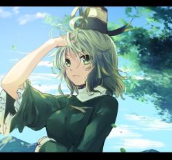Rule 34 | 1girl, ahoge, arm up, blue sky, breasts, closed mouth, cloud, day, expressionless, frilled sleeves, frills, green eyes, green hair, hair between eyes, hat, leaf, letterboxed, long sleeves, looking at viewer, makuwauri, medium breasts, mountain, outdoors, short hair, sky, soga no tojiko, solo, tate eboshi, touhou
