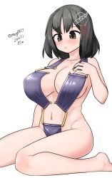 Rule 34 | 1girl, absurdres, alternate costume, black hair, breasts, brown eyes, casual one-piece swimsuit, dated, haguro (kancolle), hair ornament, hairclip, highres, kantai collection, large breasts, maru (marg0613), one-piece swimsuit, purple one-piece swimsuit, short hair, simple background, sitting, solo, swimsuit, twitter username, wariza, white background