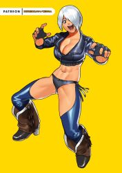 Rule 34 | 1girl, abs, angel (kof), black gloves, black jacket, black panties, blue eyes, boots, breasts, cessa, chaps, cleavage, cropped jacket, crotchless, crotchless pants, fingerless gloves, full body, gloves, hair over one eye, hands up, jacket, large breasts, leather, leather jacket, mexico, navel, open mouth, panties, pants, short hair, simple background, smile, solo, standing, the king of fighters, underwear, watermark, web address, white hair, yellow background
