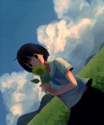 Rule 34 | 1girl, black eyes, black hair, cloud, covering face, covering own mouth, covering privates, dutch angle, female focus, flower, grass, hinata (lipcream), nature, original, outdoors, plant, school uniform, serafuku, short hair, sky, solo, sunflower