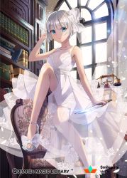 Rule 34 | 1girl, bare shoulders, blue eyes, bookshelf, bow, breasts, chair, cleavage, curtains, desk, dress, feet, floral print, flower, hair bow, hair up, high heels, ice (ice aptx), indoors, knife, lens flare, long hair, looking at viewer, medium breasts, official art, petals, phone, qurare magic library, rose, sandals, see-through, shoes, silver hair, sitting, sitting backwards, smile, solo, toeless footwear, toes, white dress, white flower, white footwear, white rose, window