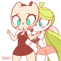 Rule 34 | 2girls, animated, animated gif, artist name, assisted exposure, black dress, blue eyes, blush, bra, cat tail, clothes pull, cowboy shot, creatures (company), detached sleeves, diives, dress, dress pull, embarrassed, english text, female focus, flat chest, furry, furry female, game freak, gen 1 pokemon, gen 5 pokemon, green hair, hair ornament, hair tie, hands up, highres, legendary pokemon, long hair, looking away, looking down, looking to the side, meloetta, mew (pokemon), mewtwo, multiple girls, mythical pokemon, necktie, nintendo, nose blush, open mouth, pink neckwear, pink skirt, pokemon, pokemon (creature), ponytail, red ribbon, ribbon, school uniform, shirt, short sleeves, signature, simple background, skirt, sleeveless, sleeveless dress, smile, standing, tail, talking, teeth, text focus, underwear, uniform, white background, white shirt