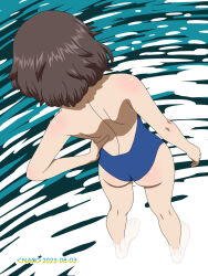Rule 34 | 1girl, akiyama yukari, ass, blue one-piece swimsuit, brown hair, dated, from behind, full body, girls und panzer, hand on own hip, highres, in water, naotosi, one-piece swimsuit, shiny skin, short hair, shoulder blades, signature, solo, swimsuit