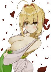 Rule 34 | 10s, 1girl, ahoge, arched back, ass, bad id, bad pixiv id, bare shoulders, blush, breasts, fate/extra, fate (series), flower, hair intakes, hair ribbon, heart, highres, large breasts, lein, lips, nero claudius (fate), nero claudius (fate) (all), nero claudius (fate/extra), o-ring, o-ring top, petals, raised eyebrows, ribbon, simple background, solo, white background, yellow eyes