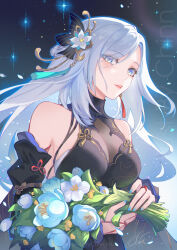 Rule 34 | 1girl, absurdres, bare shoulders, blue eyes, blue flower, blue nails, bouquet, chinnpou, commentary request, detached sleeves, flower, genshin impact, grey hair, highres, holding, holding bouquet, long hair, looking at viewer, nail polish, official alternate costume, parted lips, pink lips, shenhe (frostflower dew) (genshin impact), shenhe (genshin impact), solo, very long hair, white flower