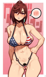 1girl absurdres american_flag american_flag_bikini american_flag_print ayase_momo bare_shoulders bikini breasts brown_eyes brown_hair cleavage commentary_request covered_erect_nipples dandadan earrings female_pubic_hair flag_print groin hair_between_eyes hand_on_own_hip highres jewelry large_breasts large_variant_set medium_hair mismatched_pubic_hair navel nikuatsu_magician_shinbo print_bikini pubic_hair pubic_hair_peek solo spoken_blush swimsuit variant_set