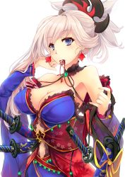 Rule 34 | 1girl, armpits, bare shoulders, blue eyes, blush, breasts, cleavage, closed mouth, cowboy shot, detached sleeves, earrings, fate/grand order, fate (series), goushou, hair ornament, japanese clothes, jewelry, katana, kimono, large breasts, looking at viewer, miyamoto musashi (fate), mouth hold, pink hair, ponytail, solo, sword, weapon, wide sleeves