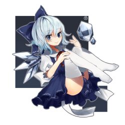 Rule 34 | 1girl, bad id, bad pixiv id, blue background, blue dress, blue eyes, blue hair, bow, circled 9, cirno, dress, female focus, hair bow, ice, knees to chest, looking at viewer, matching hair/eyes, migihidari (puwako), no shoes, puffy short sleeves, puffy sleeves, ribbon, short hair, short sleeves, simple background, smile, solo, thighhighs, touhou, white background