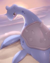 Rule 34 | brown eyes, commentary request, creatures (company), from behind, game freak, gen 1 pokemon, highres, kajinchu, lapras, looking at viewer, looking back, nintendo, no humans, open mouth, outdoors, pokemon, pokemon (creature), sand, shiny skin, shore, smile, sun, sunset, tongue, twilight, water