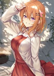 Rule 34 | 1girl, aged up, alternate breast size, breasts, commentary request, flower, gochuumon wa usagi desu ka?, grin, hair between eyes, hair flower, hair ornament, hairclip, hand on own head, highres, hoto cocoa, ks (xephyrks), large breasts, looking at viewer, orange hair, parted lips, purple eyes, smile, solo, teeth
