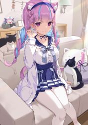 Rule 34 | 1girl, animal, animal ears, blue bow, blue hair, blue hairband, blue nails, blue skirt, blunt bangs, blush, bow, braid, breasts, cat, cat ears, cat girl, cat tail, closed mouth, collarbone, couch, feet out of frame, frills, hairband, hand up, high-waist skirt, highres, hololive, icomochi, indoors, jacket, kemonomimi mode, long hair, long sleeves, looking at viewer, medium breasts, minato aqua, multicolored hair, nail polish, neck ribbon, on couch, open clothes, open jacket, pantyhose, pillow, pleated skirt, purple eyes, purple hair, purple ribbon, ribbon, shelf, shirt, skirt, smile, solo, streaked hair, stuffed toy, tail, twin braids, two-tone hair, very long hair, virtual youtuber, white jacket, white pantyhose, white shirt
