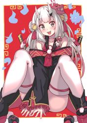 Rule 34 | 1girl, absurdres, bell, black kimono, blunt bangs, blush, collarbone, covering crotch, covering privates, double bun, fang, feet out of frame, ghost, hair bun, highres, hololive, horns, japanese clothes, jingle bell, kimono, long hair, long sleeves, looking at viewer, mask, mask on head, multicolored hair, nakiri ayame, nakiri ayame (1st costume), off shoulder, oni, oni mask, open mouth, platform footwear, red eyes, red hair, sitting, skin-covered horns, smile, solo, sword, teeth, thighhighs, thighs, tonarikeru, tongue, two-tone background, two-tone hair, upper teeth only, v arms, virtual youtuber, weapon, white hair, white thighhighs