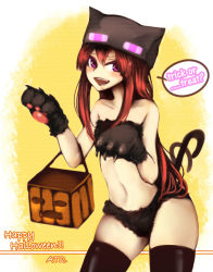 Rule 34 | 1girl, :d, alternate costume, andr, animal hands, at2., bare shoulders, black thighhighs, cat paws, enderman, halloween, hat, highres, jack-o&#039;-lantern, long hair, midriff, minecraft, navel, open mouth, personification, purple eyes, red hair, smile, solo, thighhighs, trick or treat