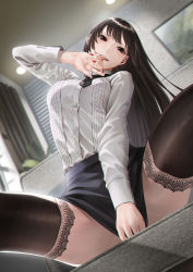 Rule 34 | 1girl, black hair, black thighhighs, breasts, covering crotch, covering privates, highres, licking, long hair, looking at viewer, mugetsu2501, nail polish, original, pencil skirt, red eyes, red nails, sitting, skirt, solo, spread legs, thighhighs
