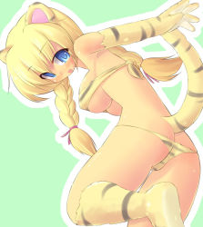 Rule 34 | 1girl, animal ears, animal hands, animal print, ass, bikini, blonde hair, blue eyes, blush, braid, breasts, kourourin, large breasts, long hair, original, solo, swimsuit, tail, tiger ears, tiger paws, tiger print, twin braids, twintails