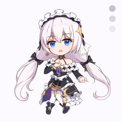 Rule 34 | 1girl, absurdres, blue eyes, commentary request, dress, expressionless, full body, hair between eyes, hair ornament, highres, honkai (series), honkai impact 3rd, long hair, low ponytail, open mouth, origami-hui, sidelocks, simple background, solo, theresa apocalypse, theresa apocalypse (celestial hymn), thighhighs, white background, white hair, white thighhighs
