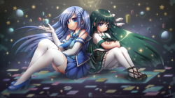 Rule 34 | 2girls, black footwear, black skirt, blue eyes, blue footwear, blue hair, blue skirt, blush, breasts, character request, closed mouth, crossed arms, e hair ornament, elbow gloves, emperpep, gloves, green hair, green skirt, high heels, highres, internet explorer, internet explorer (merryweather), knees up, large breasts, legs together, long hair, microsoft, miniskirt, multiple girls, netscape, netscape (merryweather), original, pantyhose, pleated skirt, shoes, short sleeves, sitting, skirt, sleeveless, smile, tagme, thighhighs, very long hair, wallpaper, white gloves, white legwear