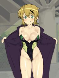 Rule 34 | 1girl, 2equal8, :q, akatsuki kirika, areola slip, blonde hair, breasts, cleavage, coat, green eyes, highleg, highleg swimsuit, highres, large breasts, one-piece swimsuit, open clothes, open coat, senki zesshou symphogear, short hair, sketch, solo, standing, sweat, swimsuit, tongue, tongue out