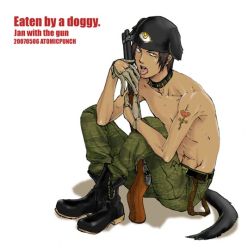 Rule 34 | 1boy, abs, animal ears, beanie, belt, boots, brown hair, collar, dark skin, dog ears, dog tail, earrings, fake animal ears, gloves, gun, hat, hellsing, jan valentine, jewelry, male focus, navel, navel piercing, pants, piercing, topless male, sitting, solo, tail, tattoo, tongue, tongue out, tongue piercing, vampire, weapon