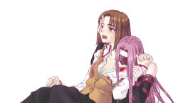Rule 34 | 2girls, biting, biting shoulder, blindfold, blood, blush, bra, breasts, brown eyes, brown hair, cleavage, collarbone, drooling, empty eyes, fate/stay night, fate (series), femdom, hand on another&#039;s head, holding another&#039;s wrist, long hair, medium breasts, medusa (fate), medusa (rider) (fate), mitsuzuri ayako, mori no kuma-san, multiple girls, open clothes, open mouth, open shirt, purple hair, saliva, school uniform, short hair, simple background, sweat, tongue, underwear, white background, yuri