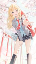 Rule 34 | 1girl, black socks, blazer, blonde hair, blue shirt, cherry blossoms, collared shirt, commentary request, flower, from below, grey eyes, grey jacket, hair flower, hair ornament, hairclip, highres, jacket, kinako (shiratama mochi), leaning forward, long hair, looking at viewer, miniskirt, miyazono kawori, necktie, open hand, open mouth, outstretched arm, plaid, plaid skirt, railing, red necktie, revision, school uniform, shigatsu wa kimi no uso, shirt, skirt, socks, solo, strap, thighs, violin case, wind, wind lift