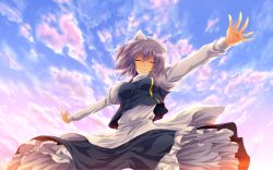 Rule 34 | 1girl, apron, blush, breasts, cloud, closed eyes, female focus, hat, highres, letty whiterock, nekominase, outstretched arms, purple hair, scarf, short hair, skirt, sky, smile, solo, touhou