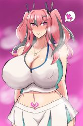 Rule 34 | 1girl, 46ayamahi, azur lane, blush, breasts, bremerton (azur lane), bremerton (scorching-hot training) (azur lane), brown eyes, cheerleader, cleavage, curvy, heart, heart-shaped pupils, heart necklace, heart tattoo, heavy breathing, highres, huge breasts, jewelry, looking at viewer, midriff, navel, necklace, pink hair, pubic tattoo, simple background, skirt, smile, solo, symbol-shaped pupils, tattoo, twintails, upper body, wide hips