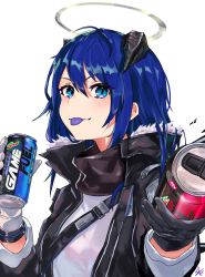 Rule 34 | 1girl, arknights, black gloves, black jacket, blue eyes, blue hair, blue tongue, can, colored tongue, drink can, foreshortening, fur-trimmed jacket, fur trim, gloves, halo, harlequin-wheels, highres, holding, holding can, horns, jacket, long hair, long sleeves, looking at viewer, mostima (arknights), mountain dew, outstretched hand, reaching, reaching towards viewer, signature, simple background, soda, soda can, solo, tongue, tongue out, white background, white gloves