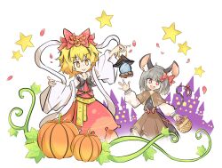 Rule 34 | 2girls, animal ears, basket, blonde hair, bow, brown dress, closed mouth, crystal ball, dress, falling petals, grey hair, hair bow, highres, holding, holding basket, leaf, long sleeves, medium hair, mouse ears, mouse tail, multiple girls, nazrin, open mouth, petals, primsla, pumpkin, red bow, red dress, red eyes, smile, star (symbol), starry background, tail, toramaru shou, touhou, white background, yellow eyes