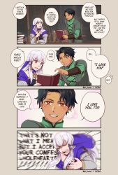 Rule 34 | 1boy, 1girl, 4koma, blurry, blush, book, book stack, chair, closed eyes, clutching chest, comic, couple, cyril (fire emblem), dark skin, dated, dress, emphasis lines, english text, fire emblem, fire emblem: three houses, green shirt, hands on own chest, heart attack, hetero, highres, indoors, jacket, long hair, long sleeves, looking at viewer, lysithea von ordelia, nintendo, open mouth, parted bangs, pointing, purple eyes, reading, red eyes, scar, scar on face, shirt, short hair, sidelocks, silver hair, sitting, smile, twitter username, veil, z hard