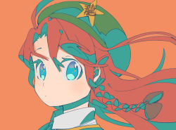 Rule 34 | 1girl, beret, blue eyes, braid, citrus (place), green headwear, hat, hat ornament, hong meiling, long hair, parted bangs, red hair, star (symbol), star hat ornament, straight hair, touhou, twin braids, visible ears