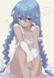 Rule 34 | 1girl, bare arms, bed sheet, blue eyes, blue hair, blush stickers, braid, breasts, cleavage, closed mouth, collarbone, commentary, dress, feet out of frame, hair between eyes, highres, long braid, long hair, looking at viewer, mushoku tensei, roxy migurdia, simple background, sitting, small breasts, solo, strap slip, tazaki yokka, twin braids, very long hair, white background, white dress
