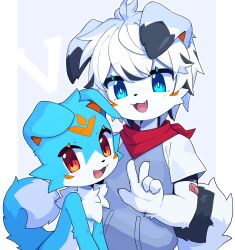 Rule 34 | 2boys, :3, animal ears, animal nose, bandaid, bandaid on arm, bandana, black hair, blue background, blue eyes, blue fur, blue sweater, body fur, bright pupils, dev voxy, dog boy, dog ears, dog tail, facial mark, fang, forehead mark, furry, furry male, hand up, happy, highres, letterboxed, looking at viewer, male focus, multicolored hair, multiple boys, neck fur, open mouth, original, outline, pocket, red bandana, red eyes, shirt, short hair, short sleeves, sidelocks, simple background, sleeveless, sleeveless sweater, smile, standing, sweater, tail, tail raised, two-tone fur, two-tone hair, upper body, veri (dev voxy), w, white fur, white hair, white outline, white pupils, white shirt