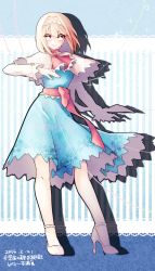 Rule 34 | 1girl, alice margatroid, ascot, blonde hair, blue dress, capelet, dated, dress, floral print, full body, gradient background, hairband, high heels, highres, long sleeves, looking at viewer, mokokiyo (asaddr), puppet strings, ribbon, sash, short hair, smile, solo, sparkle, striped, striped background, touhou