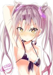 1girl alternate_hair_color armpits bikini black_bikini blush breasts closed_mouth female_focus front-tie_bikini_top front-tie_top hair_between_eyes highres hizaka kantai_collection long_hair looking_at_viewer one-hour_drawing_challenge purple_hair simple_background small_breasts solo swimsuit twintails twitter_username white_background yellow_eyes zuikaku_(kancolle)