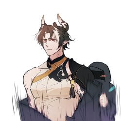 Rule 34 | arknights, blush, chaojiuri, chong yue (arknights), doctor (arknights), dragon boy, dragon horns, highres, horns, looking ahead, male focus, motion lines, multicolored hair, pointy ears, red eyes, removing coat, shirt, sleeveless, sleeveless shirt, white background, white shirt