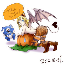 Rule 34 | 1girl, atlus, bat wings, blonde hair, bloomers, blue eyes, catherine, catherine (game), dated, demon girl, drill hair, jack frost (megami tensei), pyro jack, striped clothes, striped thighhighs, sweatdrop, tail, thighhighs, tokiwa (mukoku), topless, twin drills, underwear, wings