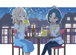 Rule 34 | 2girls, alcohol, aoyama blue mountain, beer, beer bottle, beer mug, blonde hair, blue hair, blue skirt, blue undershirt, blush, border, breasts, building, buttons, chair, check commentary, closed eyes, collarbone, commentary request, cup, denim, drinking, edamame, fireworks, frilled shirt, frills, gochuumon wa usagi desu ka?, holding, house, jacket, jacket on shoulders, looking at another, mate rin, mohei, mug, multiple girls, night, open mouth, outdoors, parted bangs, railing, saucer, scarf, shirt, short sleeves, sidelocks, sitting, skirt, small breasts, smile, table, undershirt, white border, white shirt, window, wooden table, yellow eyes, yellow jacket, yellow scarf