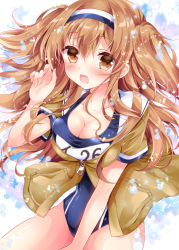 Rule 34 | 10s, 1girl, blazer, blue one-piece swimsuit, blue panties, breasts, brown eyes, brown hair, cleavage, floral background, hairband, i-26 (kancolle), jacket, kantai collection, large breasts, light brown hair, long hair, looking at viewer, new school swimsuit, nogi takayoshi, one-piece swimsuit, open mouth, panties, sailor collar, school swimsuit, short sleeves, solo, swimsuit, swimsuit under clothes, twintails, two-tone hairband, two side up, underwear