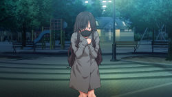 Rule 34 | 1girl, black hair, blush, coat, covering privates, feet out of frame, female focus, hair over one eye, hands on own chest, hands up, highres, lamppost, legs, long hair, looking at viewer, mask, mouth mask, night, nymphomatic city, original, outdoors, park, playground, purple eyes, solo, standing, surgical mask, thighs, touji (tj studio), tree