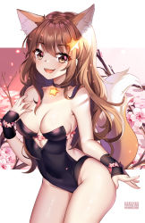 Rule 34 | 1girl, :3, :d, animal ear fluff, animal ears, artist name, bare arms, bare shoulders, black choker, black leotard, borrowed character, breasts, brown eyes, brown hair, choker, cleavage, commentary, cowboy shot, fox ears, fox tail, hair ornament, hand up, highres, leotard, long hair, looking at viewer, medium breasts, open mouth, original, outside border, smile, solo, squchan, standing, star (symbol), star choker, star hair ornament, strapless, strapless leotard, tail, thighs, virtual youtuber, wristband