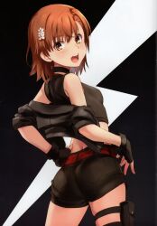 Rule 34 | 1girl, absurdres, ass, bare shoulders, belt, breasts, brown eyes, brown hair, cropped jacket, fingerless gloves, gloves, hair ornament, hand on own hip, highres, holster, jacket, lightning bolt symbol, looking at viewer, looking back, misaka mikoto, off shoulder, open clothes, open jacket, open mouth, raika9, scan, short hair, shorts, simple background, small breasts, solo, tank top, teeth, thigh holster, toaru kagaku no railgun, toaru majutsu no index, upper teeth only
