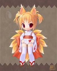 Rule 34 | 1girl, amasa mitsunaru, animal ears, blonde hair, blush, bow, brown footwear, chibi, closed mouth, commentary request, fox, fox ears, fox girl, fox print, full body, geta, japanese clothes, kimono, kitsune, large bow, looking at viewer, maebari, multiple tails, no pants, original, red bow, red eyes, short hair, solo, tail, thighhighs, twintails, white kimono, white thighhighs