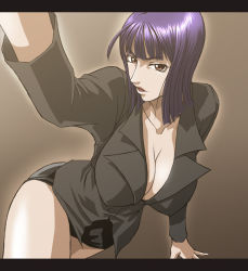 Rule 34 | 1girl, black hair, breasts, brown eyes, cleavage, collarbone, covered erect nipples, cowboy shot, dutch angle, formal, kagami hirotaka, large breasts, letterboxed, long hair, looking at viewer, miniskirt, nico robin, no pants, one piece, open mouth, purple hair, shirt, skirt, solo, suit