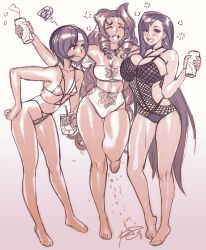 Rule 34 | 3girls, aerith gainsborough, alcohol, bad id, bad twitter id, beer, beer can, bikini, breast envy, breasts, can, cleavage, drink can, drunk, feet, final fantasy, final fantasy vii, hiccup, highres, juice, large breasts, long hair, medium breasts, monochrome, multiple girls, one-piece swimsuit, robaato, short hair, small breasts, strapless, swimsuit, thick thighs, thighs, tifa lockhart, tube top, very long hair, yuffie kisaragi