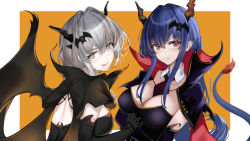 Rule 34 | 2girls, :p, alternate costume, arknights, bat hair ornament, black capelet, black dress, black gloves, black neckwear, black wings, blue hair, blush, breasts, capelet, ch&#039;en (arknights), cleavage, crossed arms, detached collar, dragon girl, dragon horns, dragon tail, dress, elbow gloves, facing another, gloves, grey eyes, hair ornament, halloween, halloween costume, hand on another&#039;s arm, highres, horns, long hair, looking at viewer, looking back, looking to the side, medium breasts, medium hair, multiple girls, necktie, red eyes, serious, siblings, silver hair, sisters, srpzk, tail, talulah (arknights), tongue, tongue out, upper body, very long hair, wings