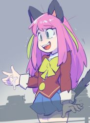 Rule 34 | 10s, 1girl, animal ears, bow, cat ears, cat tail, cum, cum on body, cum on upper body, gradient background, green eyes, hashimoto nyaa, long hair, multicolored hair, osomatsu-san, osomatsu (series), outstretched arm, pink hair, sanjiro (tenshin anman), school uniform, simple background, skirt, solo, streaked hair, surprised, table, tail, tearing up