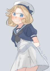 Rule 34 | 1girl, arms behind back, black neckerchief, blonde hair, blue eyes, blue jacket, blue sailor collar, dress, grey background, grin, hat, jacket, janus (kancolle), kantai collection, looking at viewer, neckerchief, one-hour drawing challenge, parted bangs, puffy short sleeves, puffy sleeves, sailor collar, sailor dress, sailor hat, short hair, short sleeves, simple background, smile, solo, standing, suppaman (rfjy), twitter username, white dress, white hat