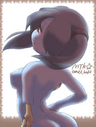 Rule 34 | 1girl, ass, blue hair, blue skin, border, breasts, brown border, colored skin, from behind, hair over one eye, half-closed eyes, hand on own hip, highres, looking at viewer, looking back, mtk hoshi, nipples, nude, red eyes, side ponytail, sideboob, skeletal arm, skullgirls, solo, squigly (skullgirls), stitched mouth, stitches, upper body, white background, zombie
